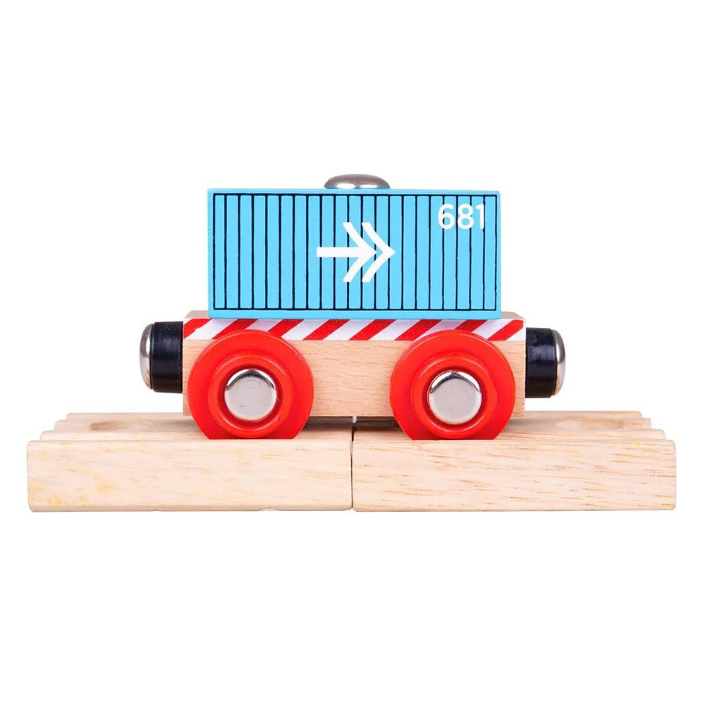 Bigjigs Containerwagon blauw met rails